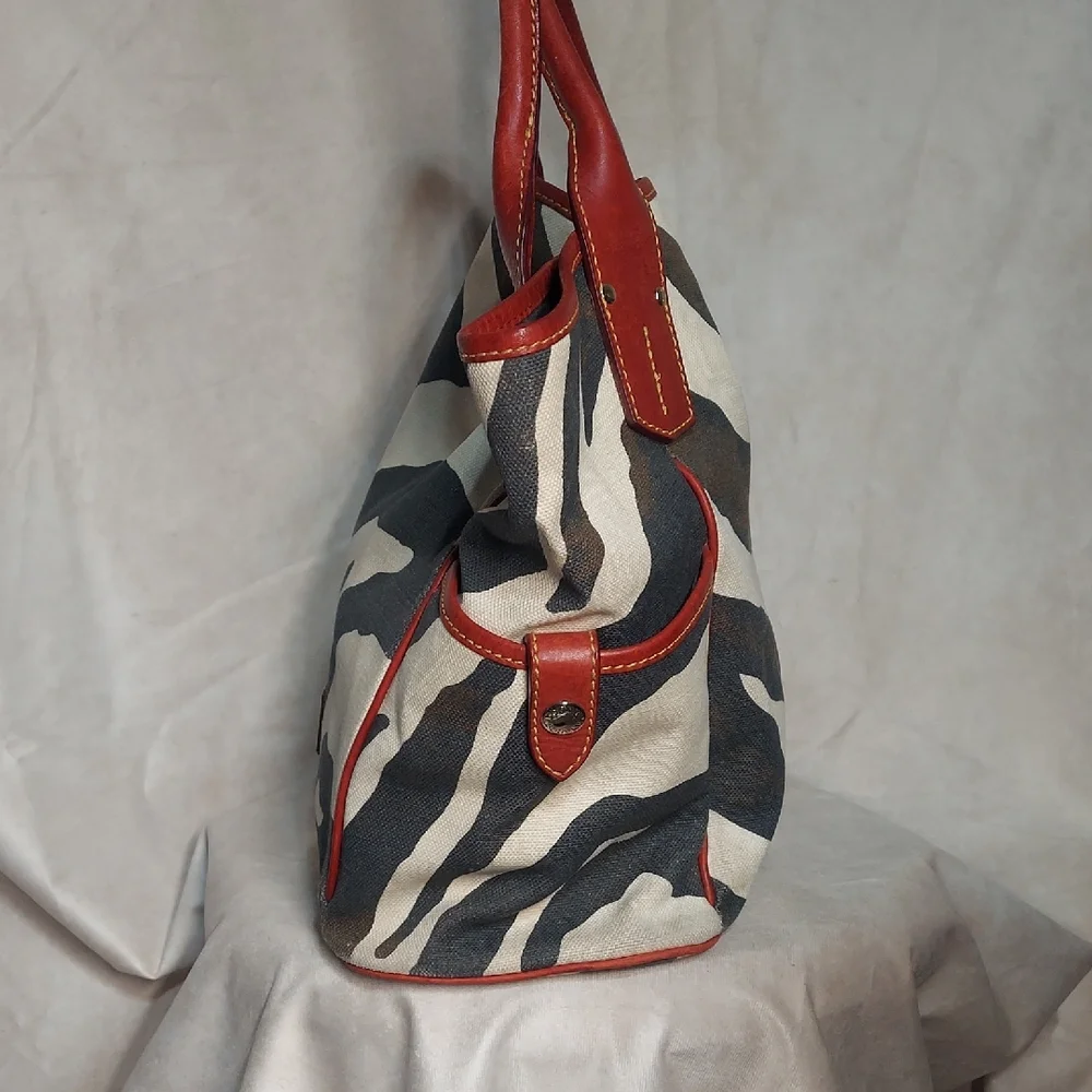 Dooney & Bourke Zebra Canvas Tote Bag Red Leather Trim Safari Large READ DESC